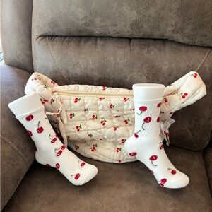 Cherry Patterned Quilted Bag and Socks Set